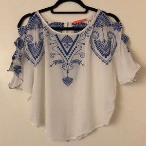 Blue and White Embroidered Top
